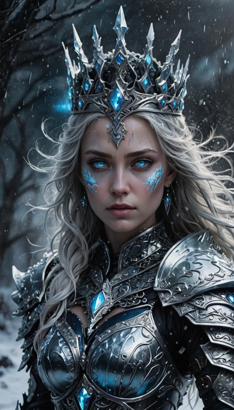 Icy-Eyed Warrior Queen in a Snowstorm