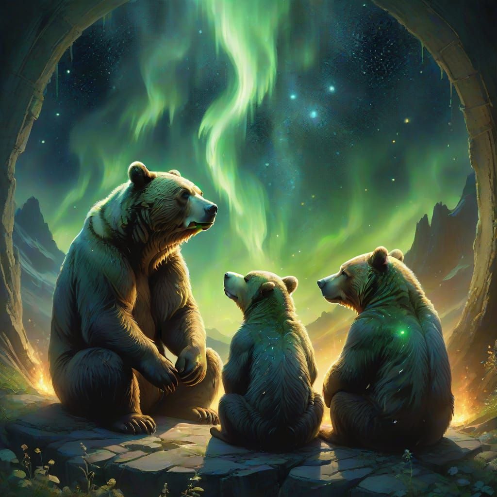 Bears Under Cosmic Veil with Green Fire