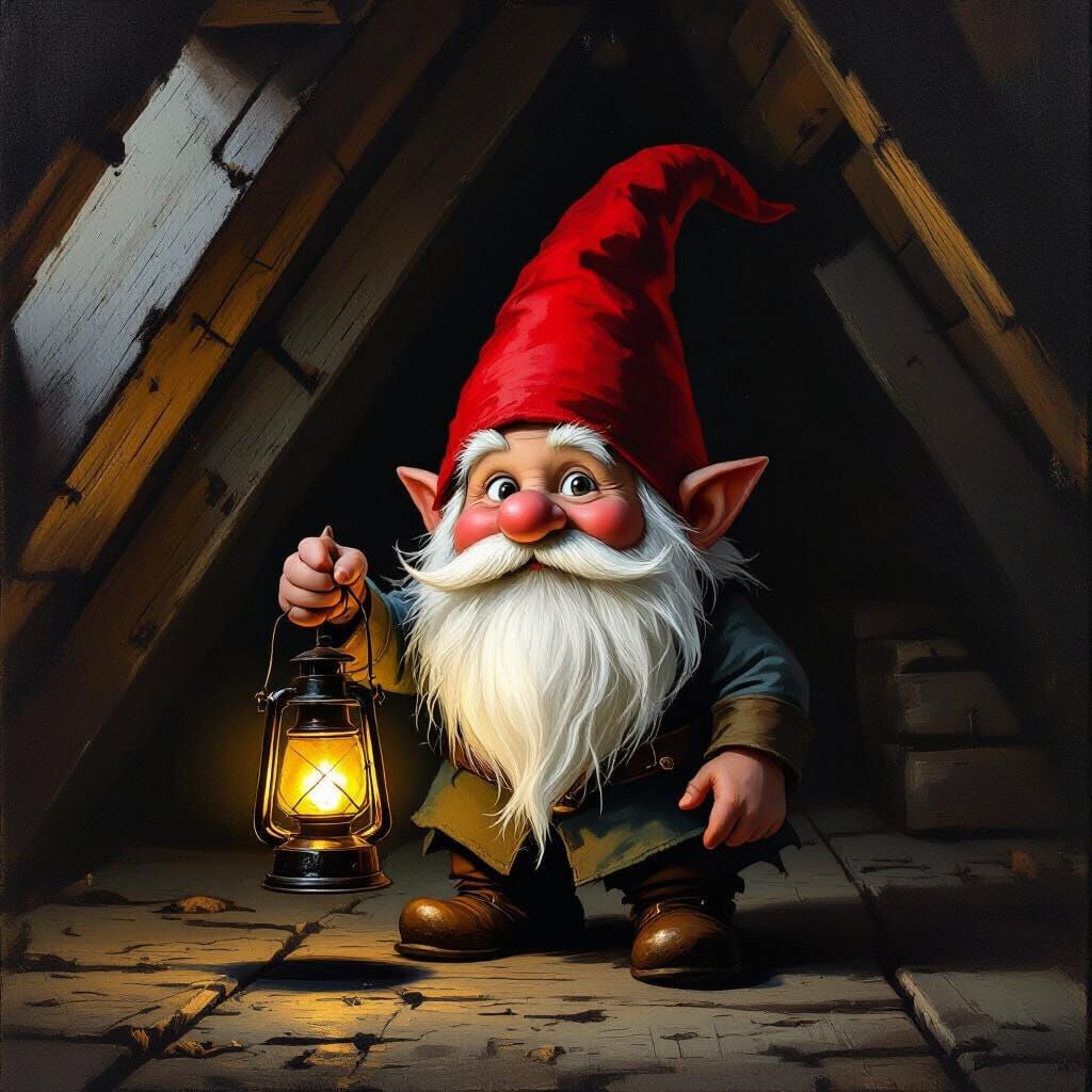Gnome with Lantern in Dark Attic Oil Painting