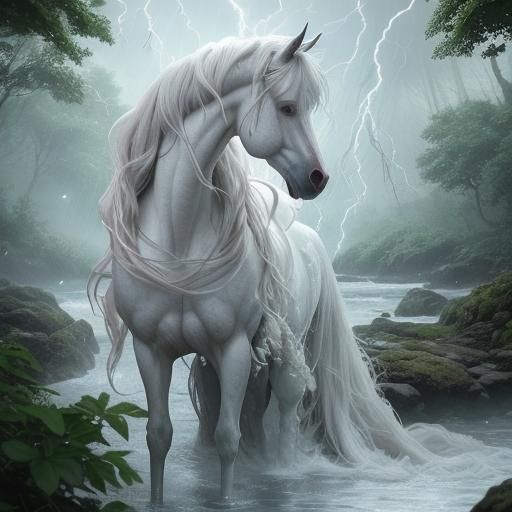 Mystical Forest Creature in Rain Pool