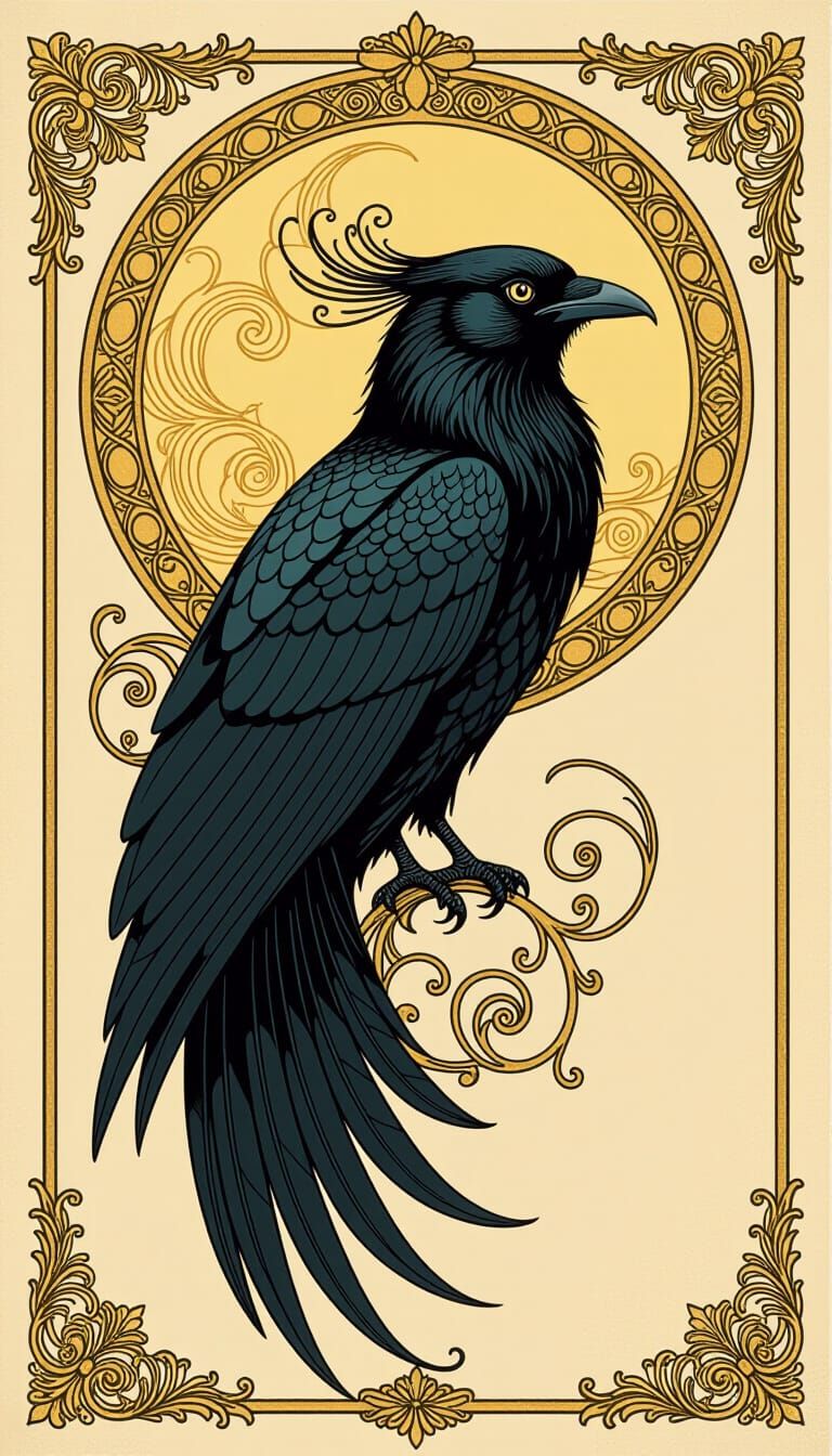 Mystical Black Raven with Golden Embellishments