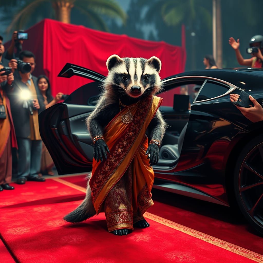 Glamorous Honey Badger in Indian Sari Stepping Out of Luxury...