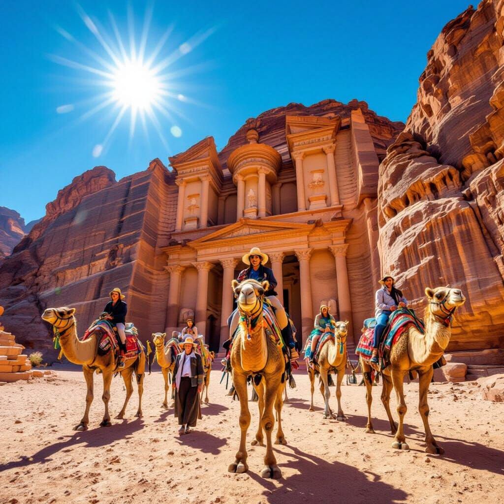 Petra Treasury Bathed in Sunlight with Camels and Riders