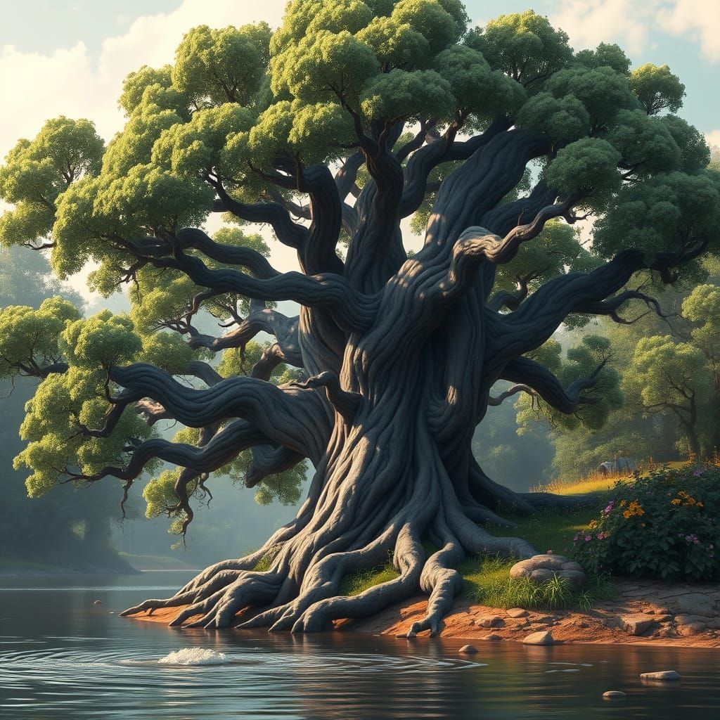 Majestic Chestnut Tree on Riverbank: Matte Painting Style