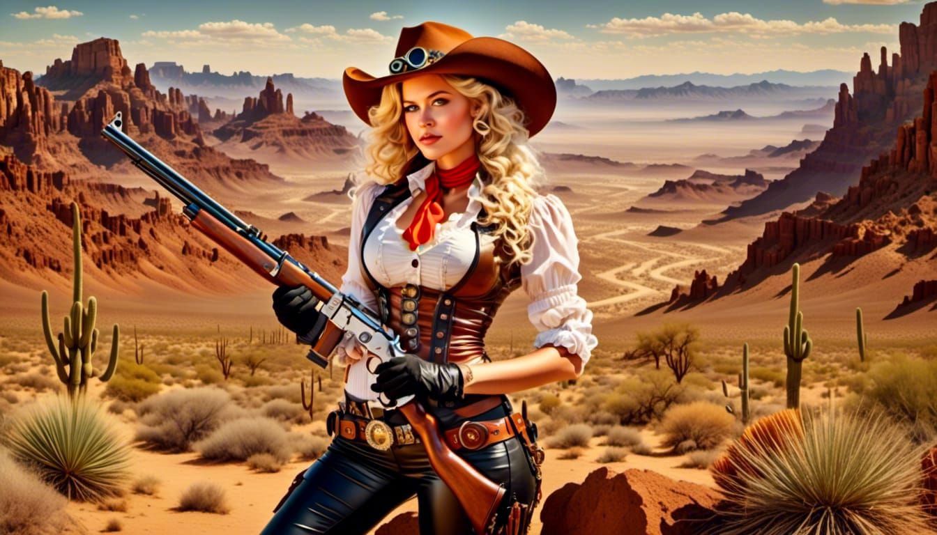 Cowgirl Steampunk Lady in Desert Oil Painting