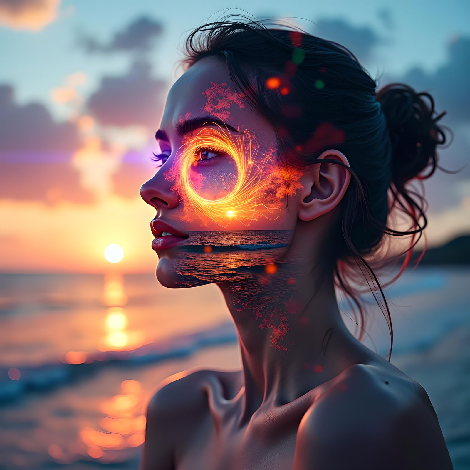 Surreal Double Exposure: Neon Eyeball Sunset