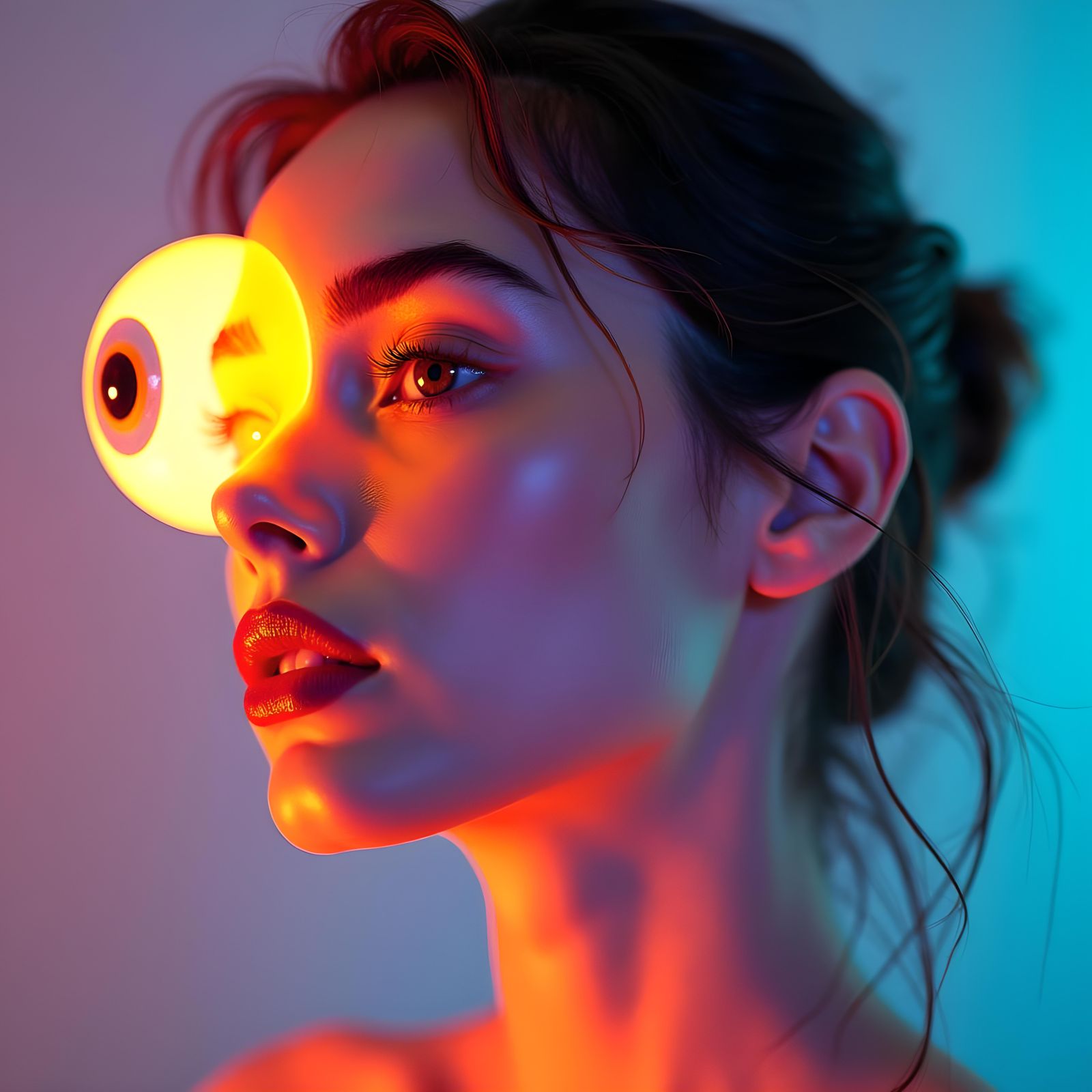 Surreal Double Exposure: Neon Eyeball and Sunset