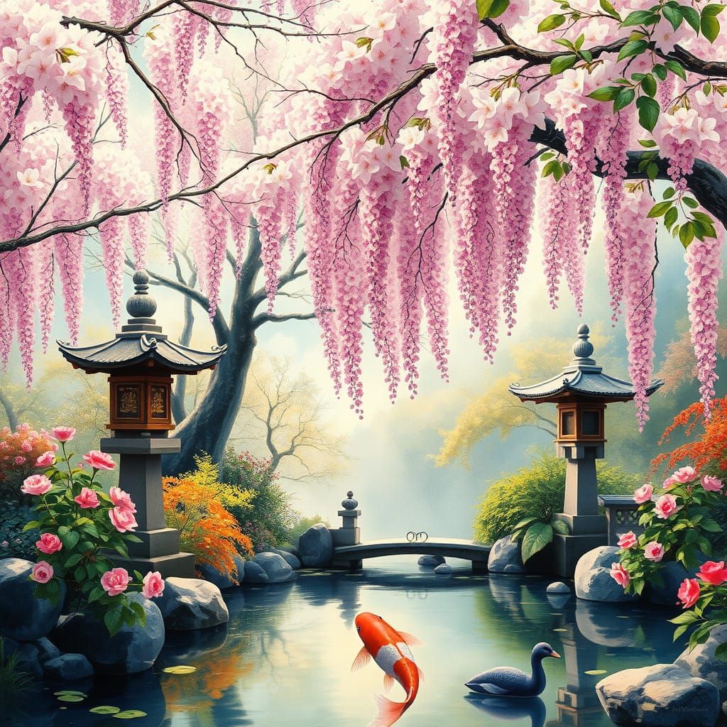 Epic Impressionist Garden Scene with Cherry Blossoms and Koi...