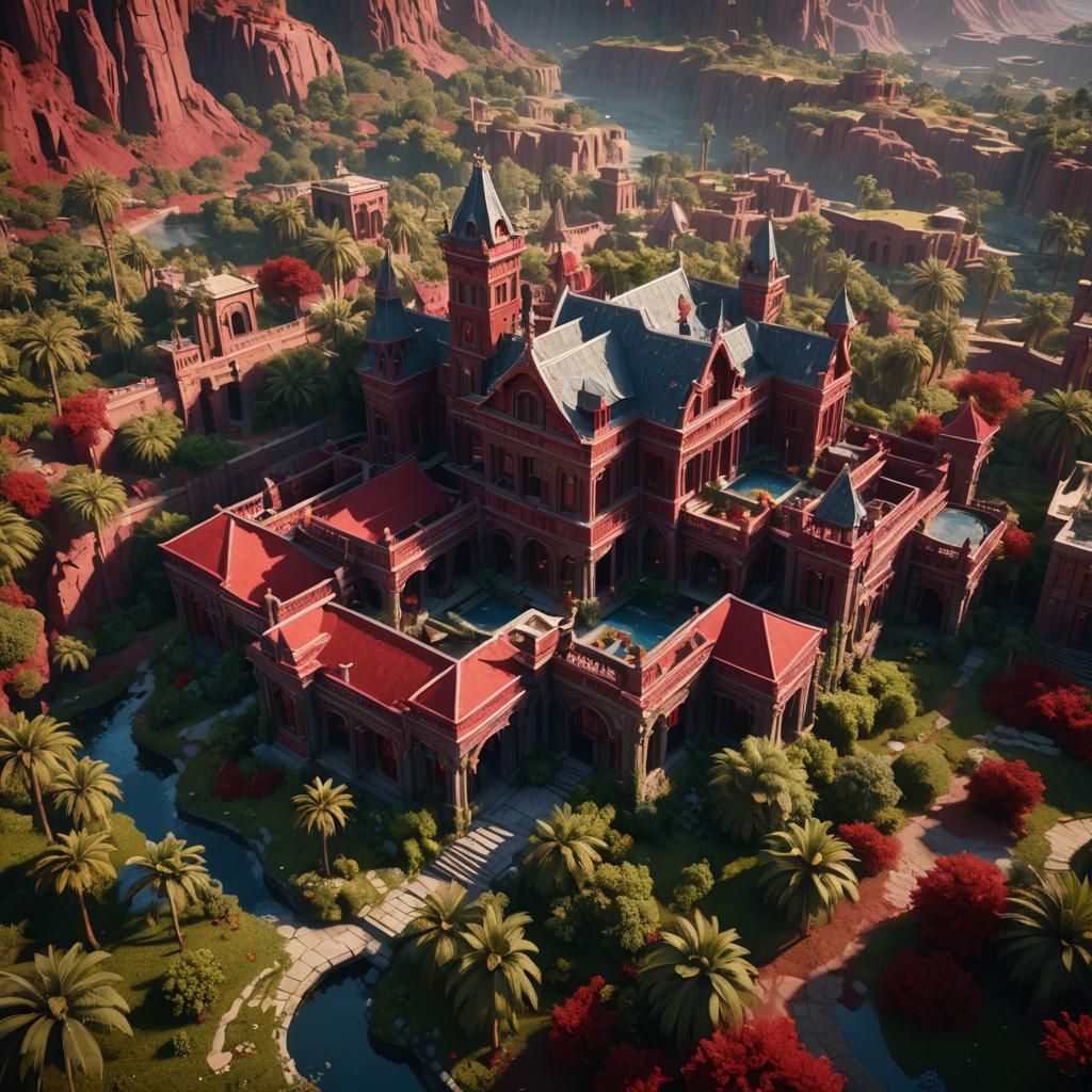 Blood Red Mansion in a Fantastical Oasis