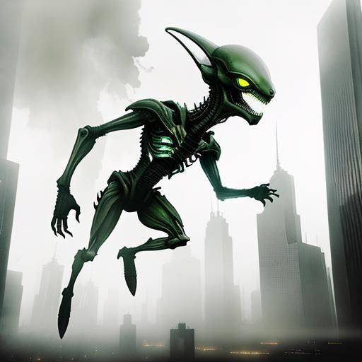 Surreal Double Exposure: Alien and Dystopian Cityscape