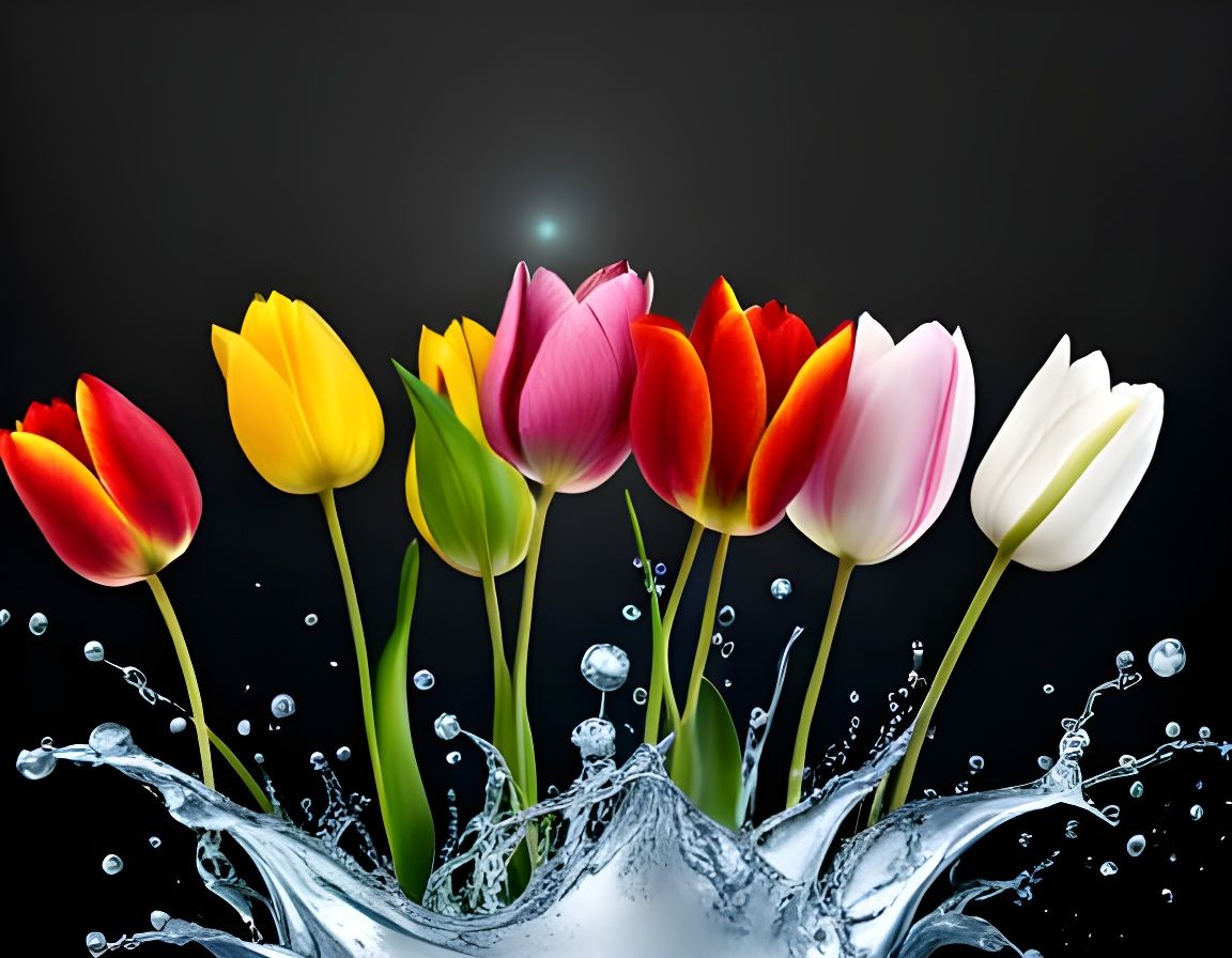 Colorful Tulips with Water Splash on Black