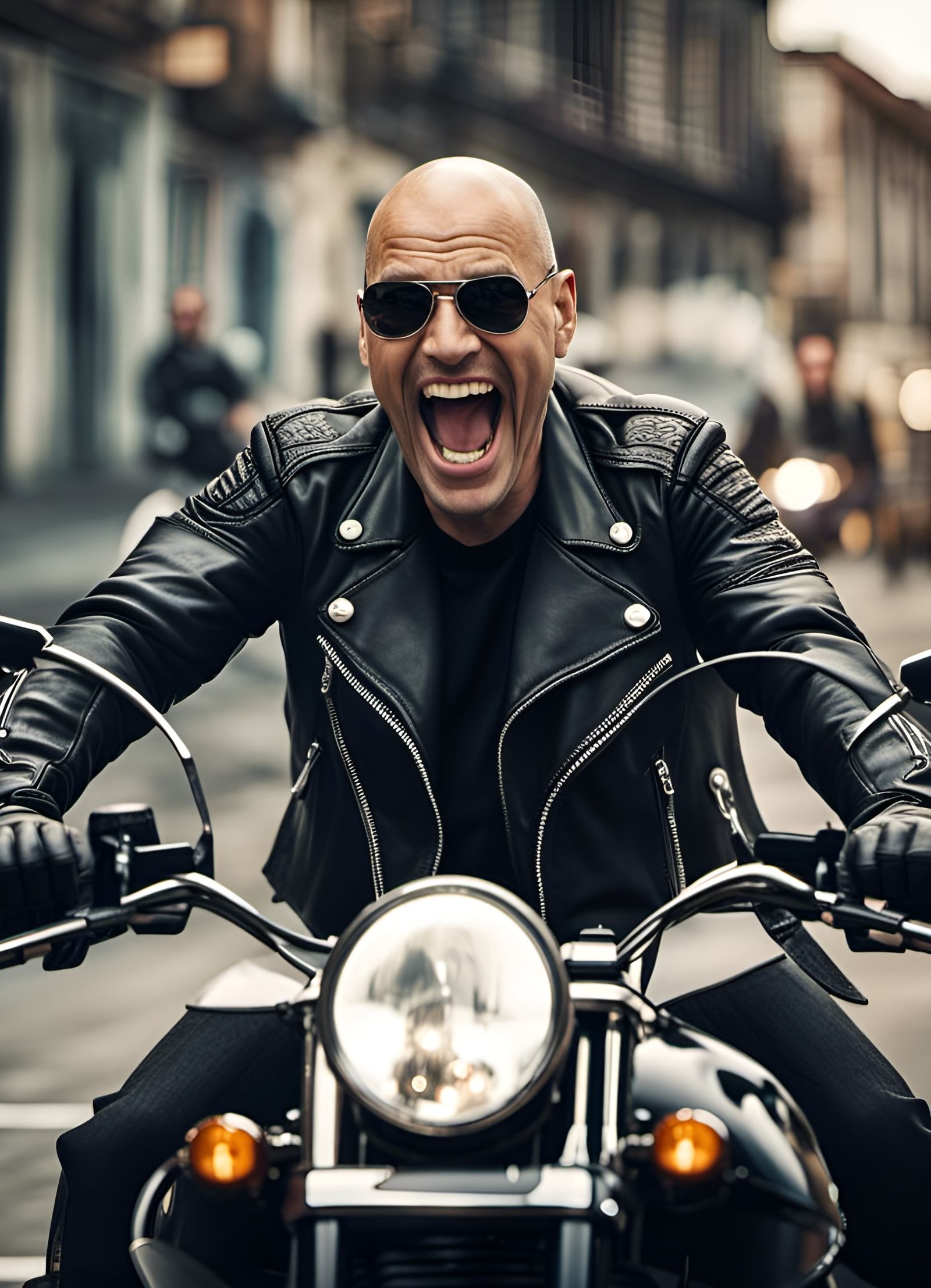 Evil Bald Biker Laughing in Hyperrealistic Detail