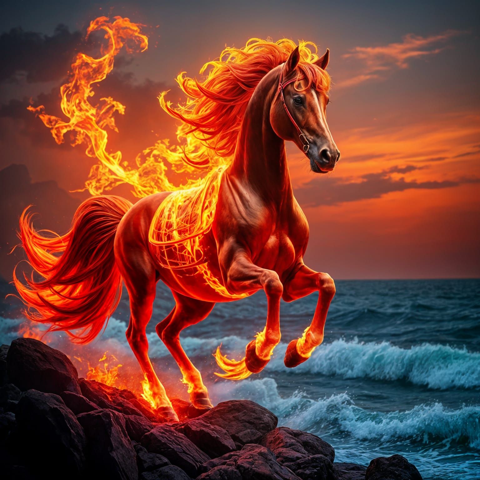 Majestic Fire Horse in Cyberpunk Digital Art