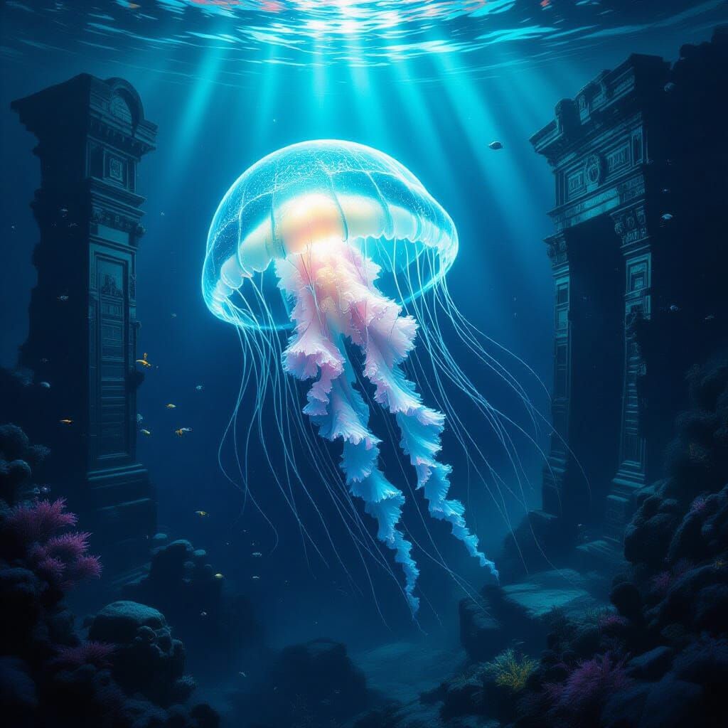 Bioluminescent Jellyfish Illuminates Ocean Ruins in Biomecha...