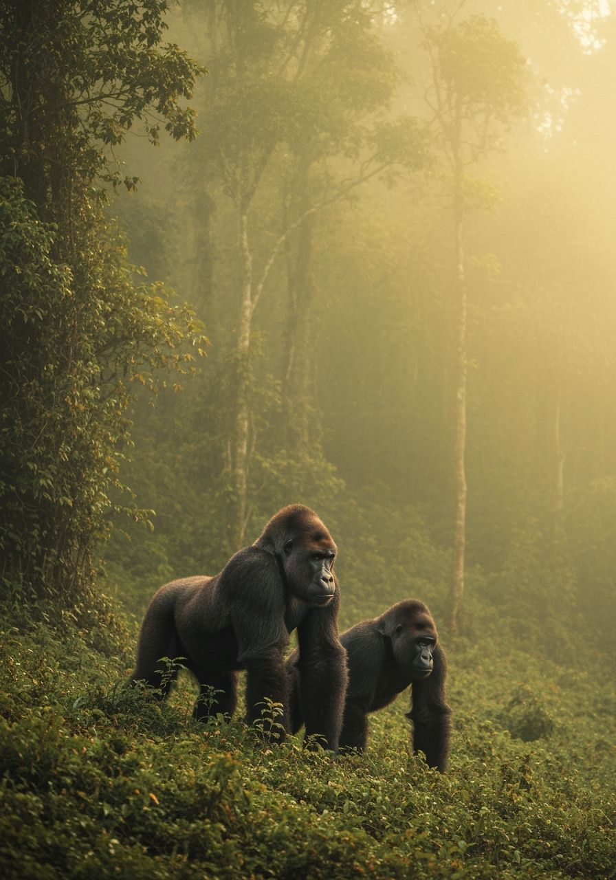 Gorillas in Misty Forest: Oil Painting