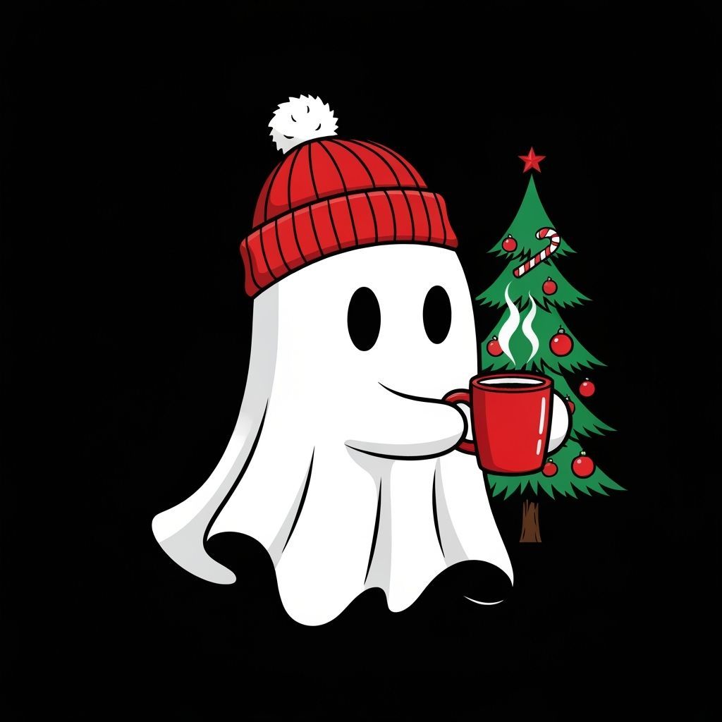 Cute Cartoon Ghost in Santa Hat with Christmas Tree
