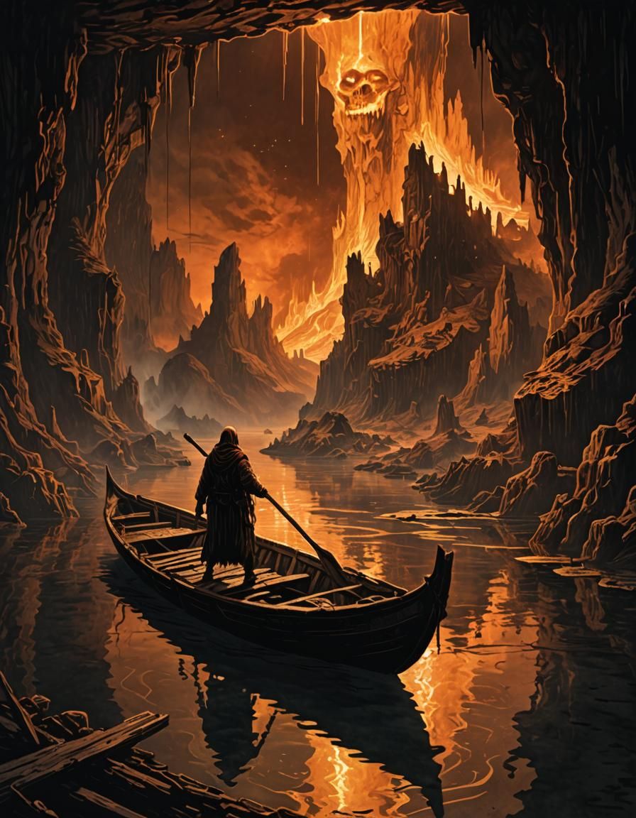 Charon crossing the fiery river of underworld.
