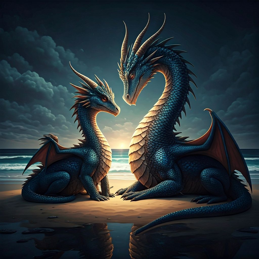 Dragon Family at the Beach: Alphonse Mucha-Inspired Splash A...