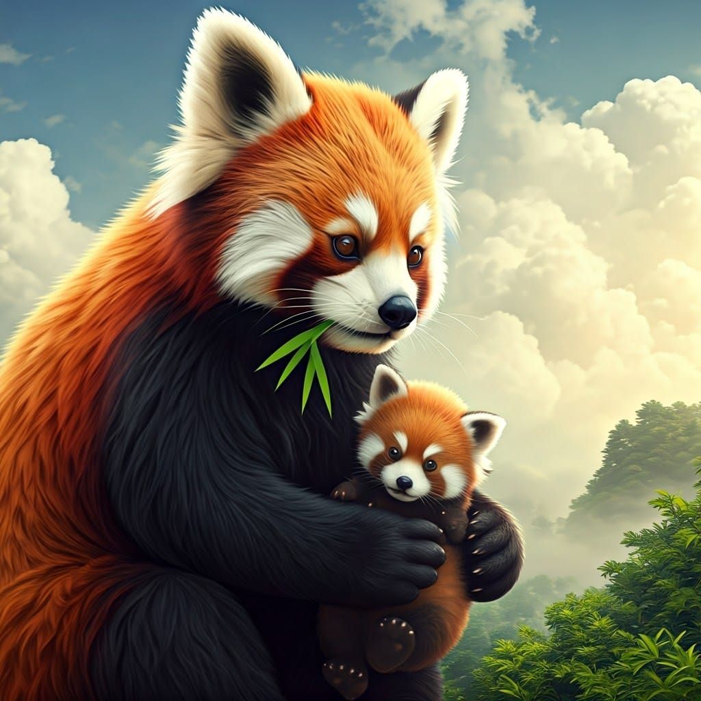 Red Panda Mother and Cub in 3D CGI Style