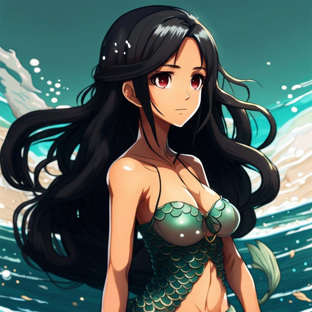 Anime Mermaid with Tanned Skin and Black Hair