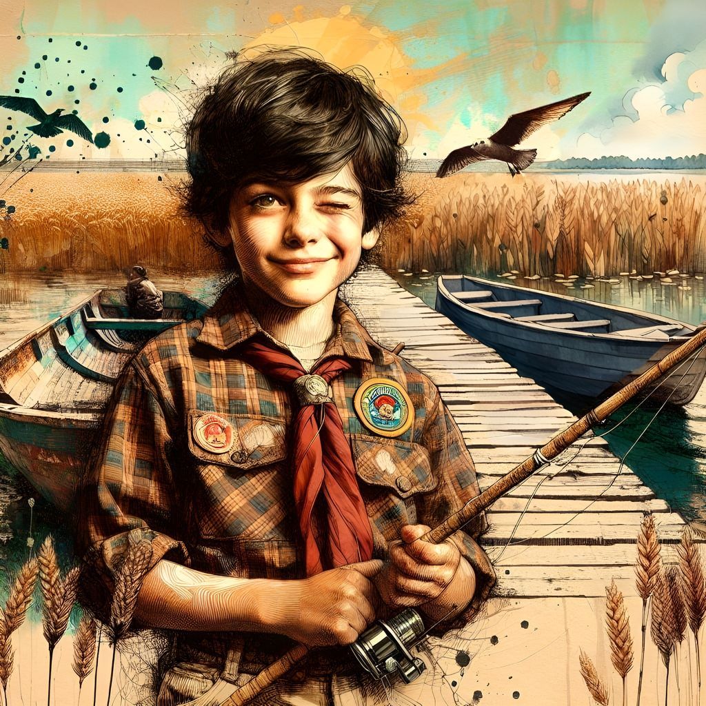 Boy With Fishing Rod on Pier, Ink Drawing