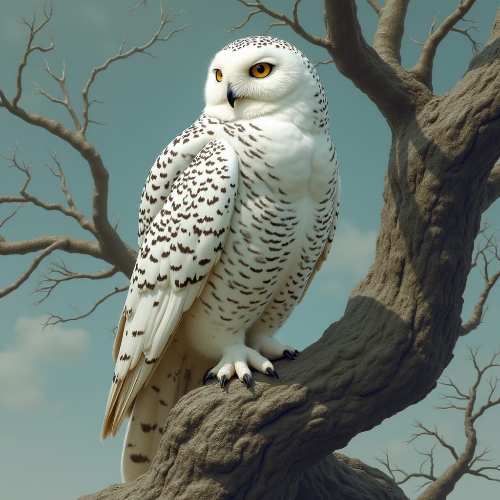 Majestic Snowy Owl Perched on Ancient Tree