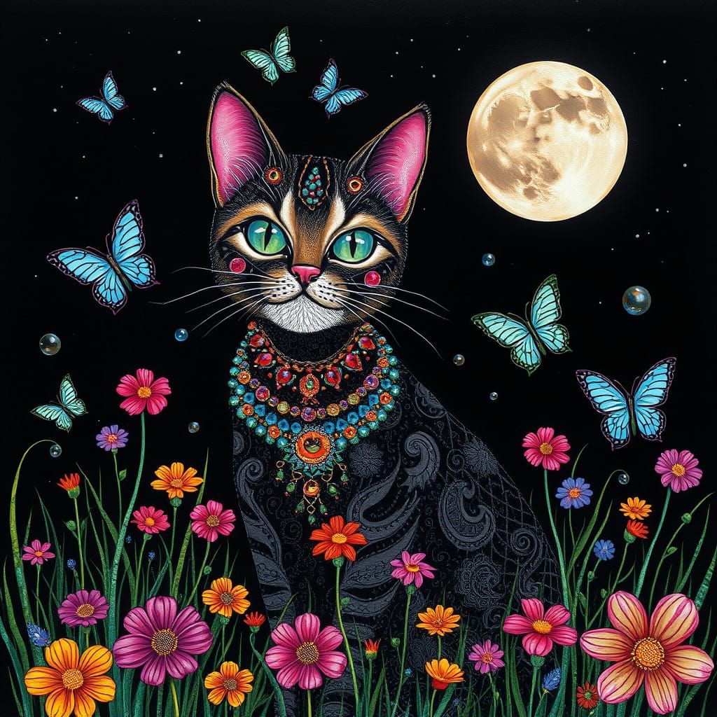 Whimsical Naive Art Portrait of a Sparkling Tabby Cat