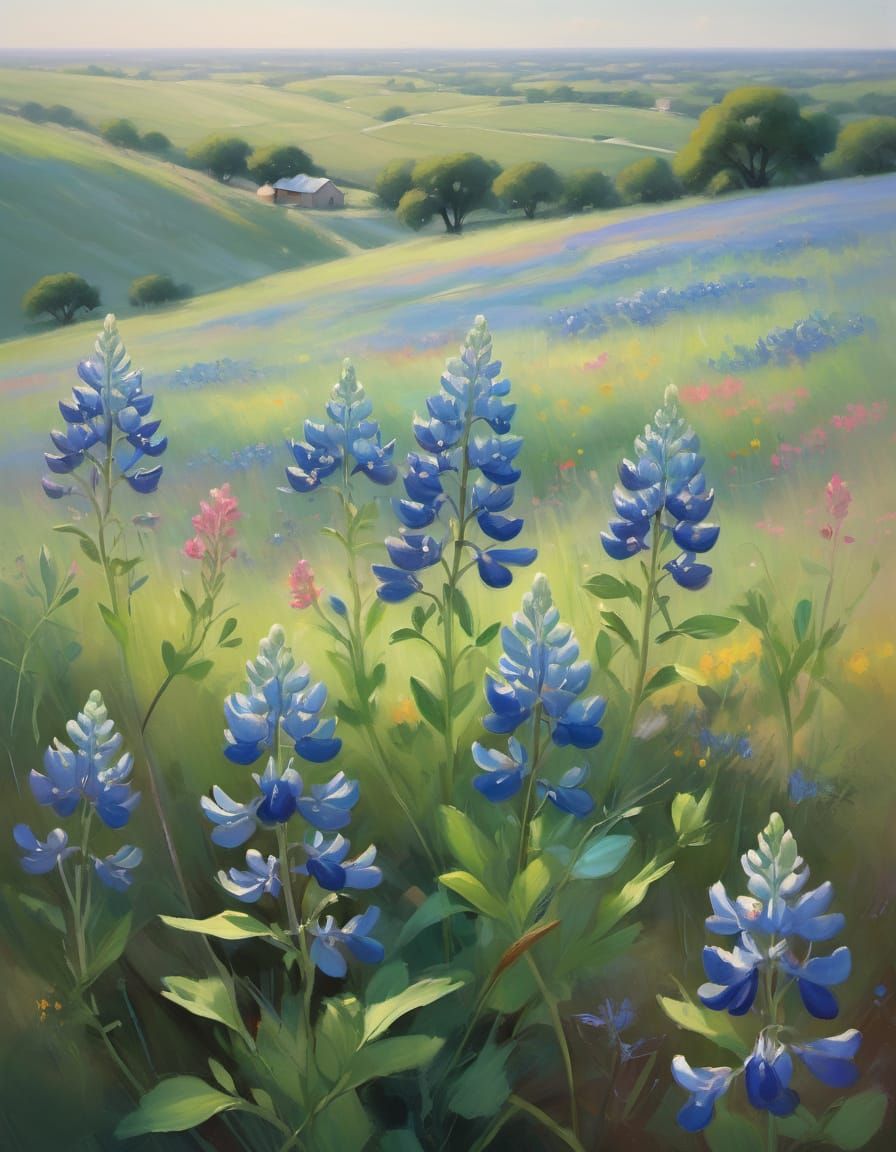 Texas Bluebonnet Landscape in Impressionist Style