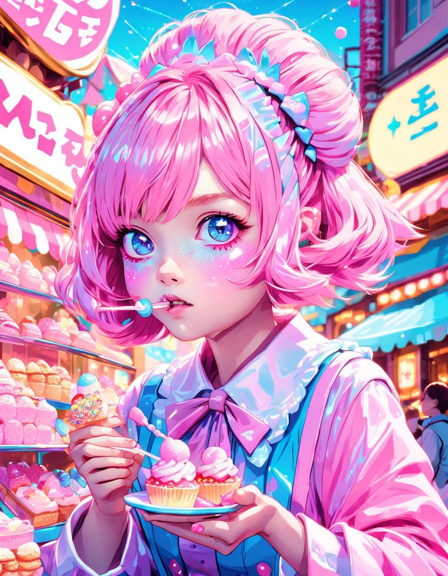Kawaii Anime Character in Harajuku, Digital Art