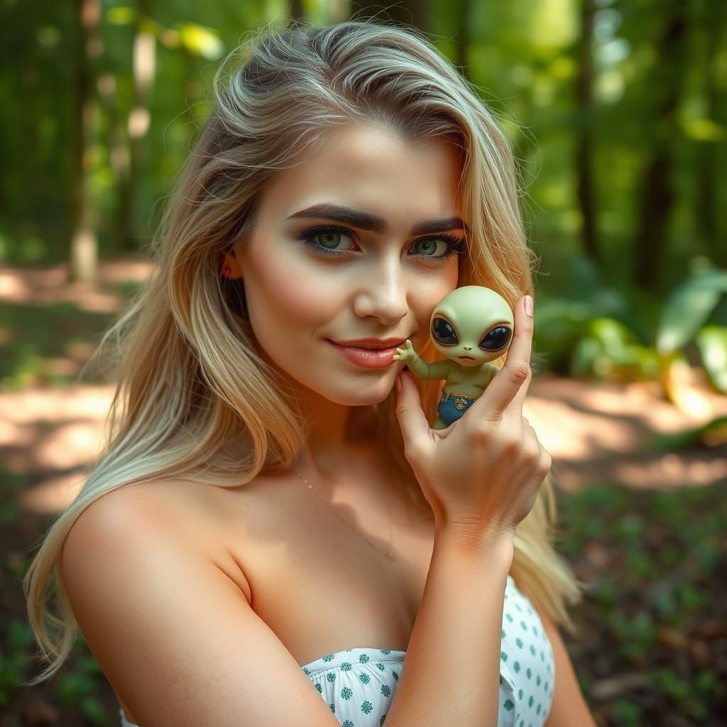 Blonde Woman Photobombed by Alien in Forest