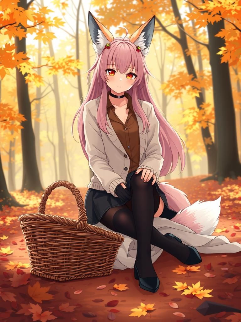 Foxgirl Picnic in Autumn Forest, Manga Style