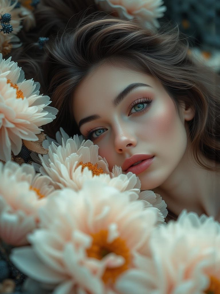 Woman on Peonies in Soft Focus Portrait