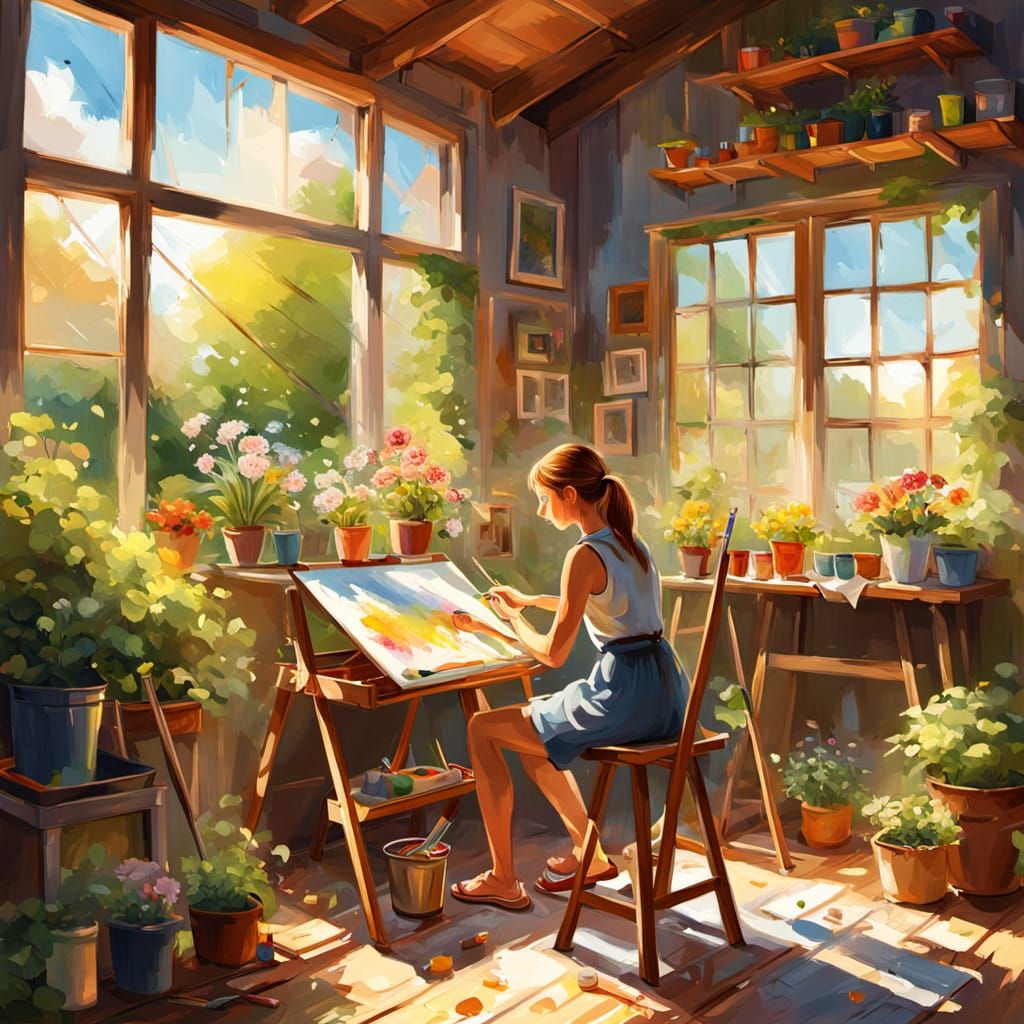 Artist Paints in Sunlit Garden Shed - Vibrant Impressionism