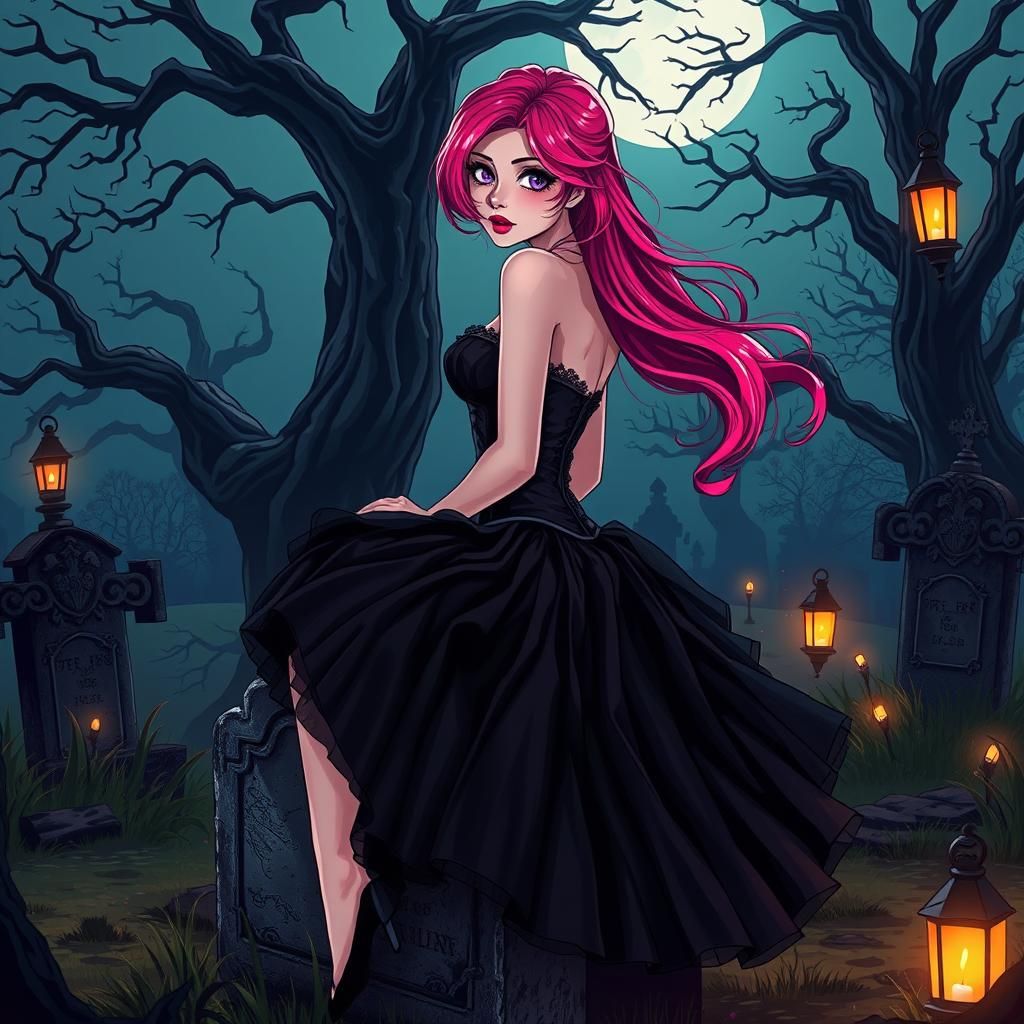 Gothic Woman in Cemetery, Burtonesque Anime Style