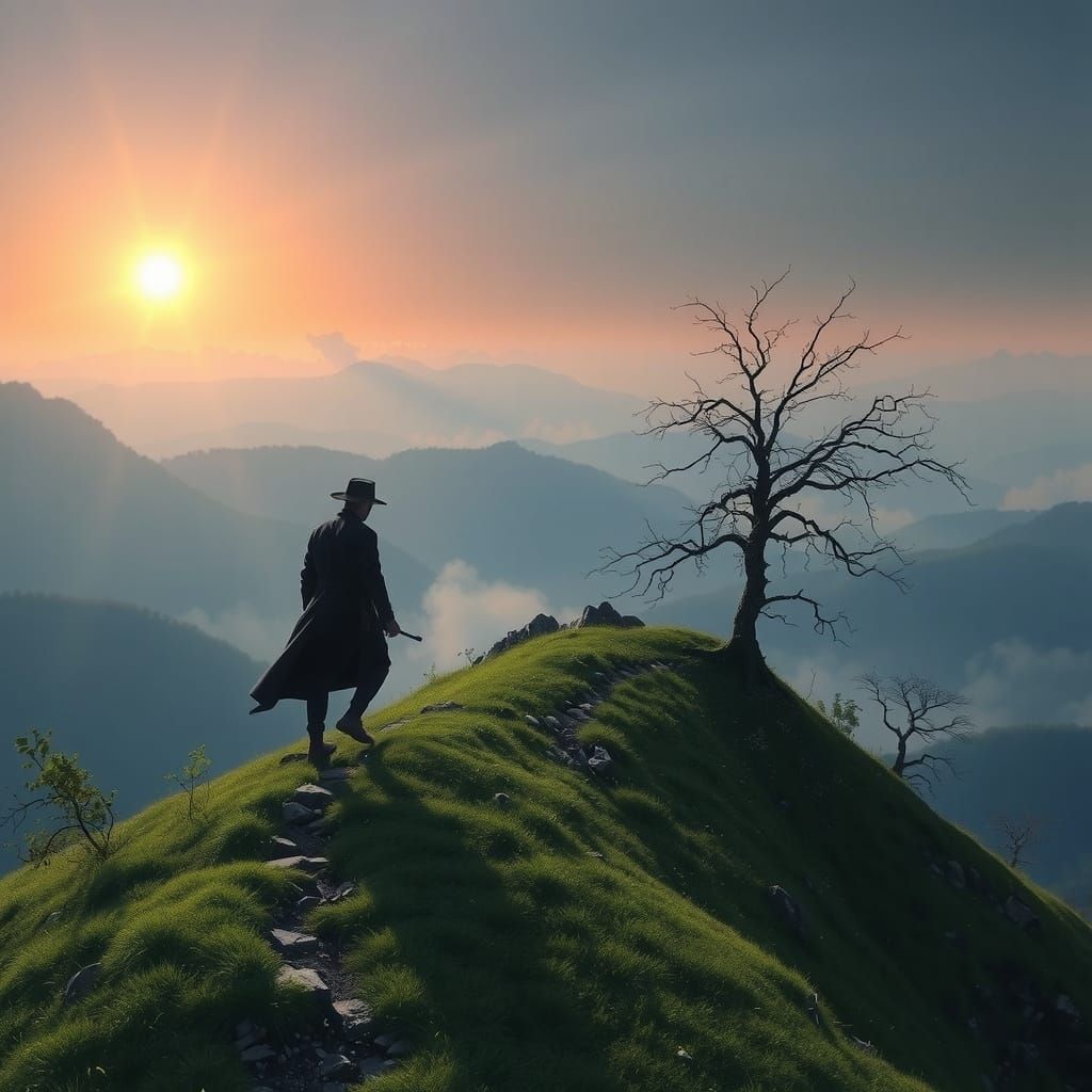 Lonely Man Climbing Hill: Detailed Matte Painting