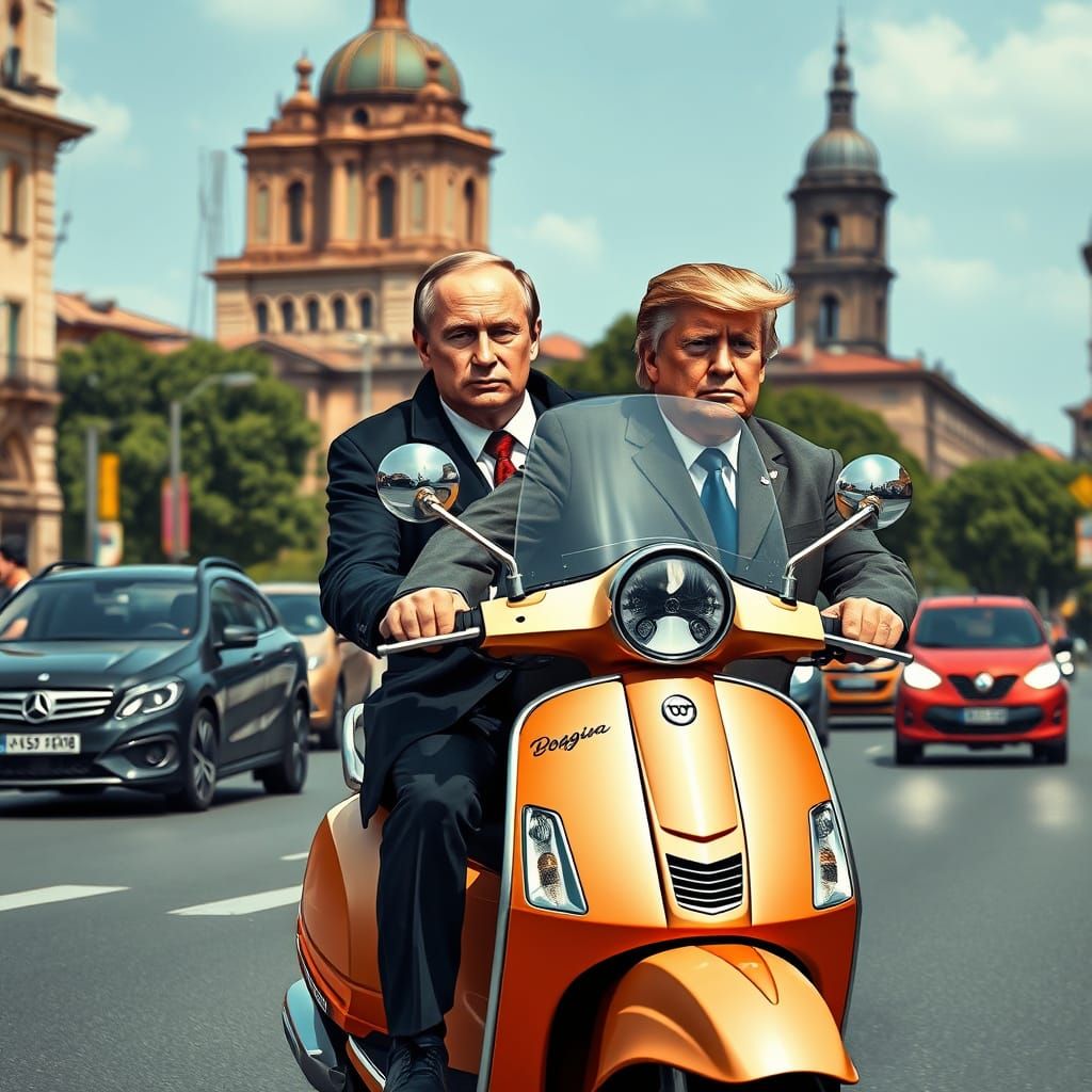 Putin and Trump Ride Vespa in Bologna, Hyperrealistic Style