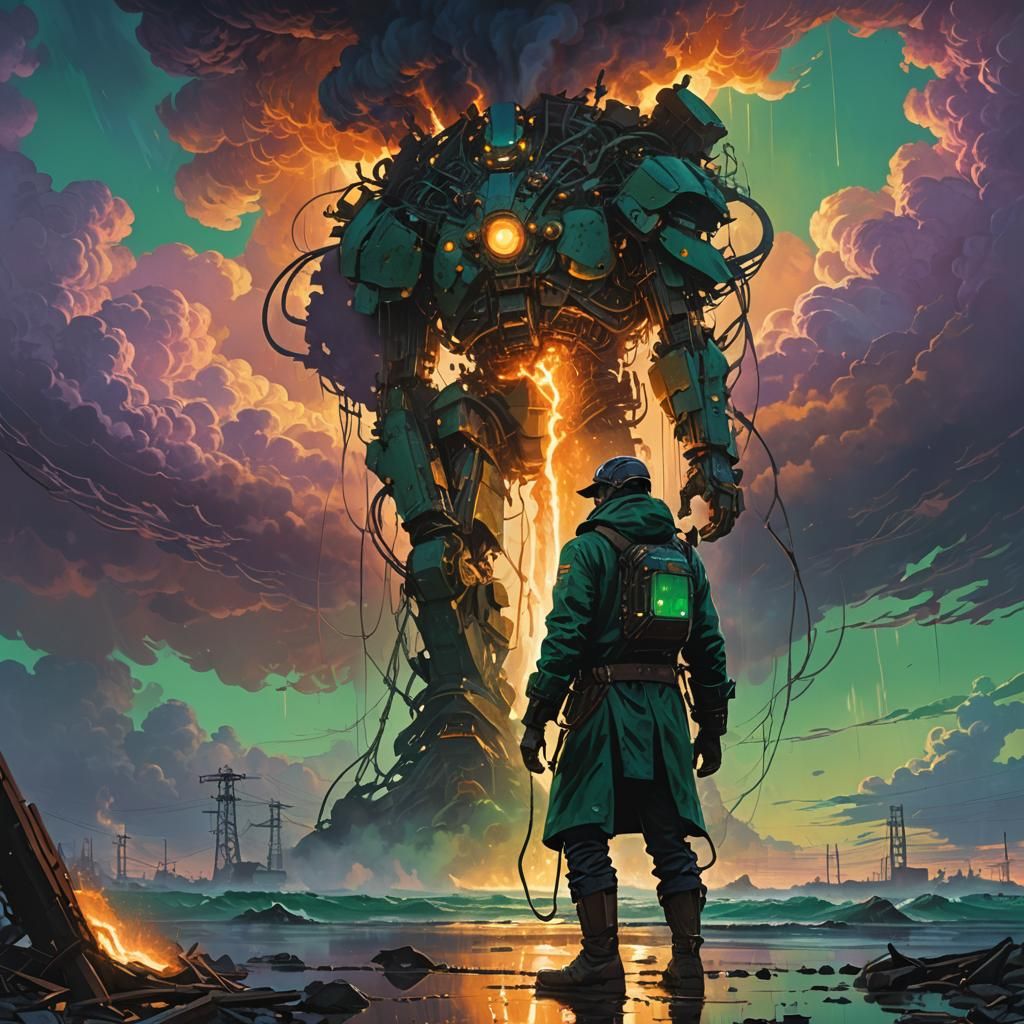 Majestic Steel Giant in Emerald and Amber Clouds