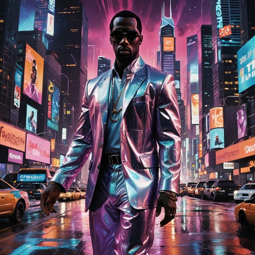 P-Diddy in Neon Cityscape with Baby Oil