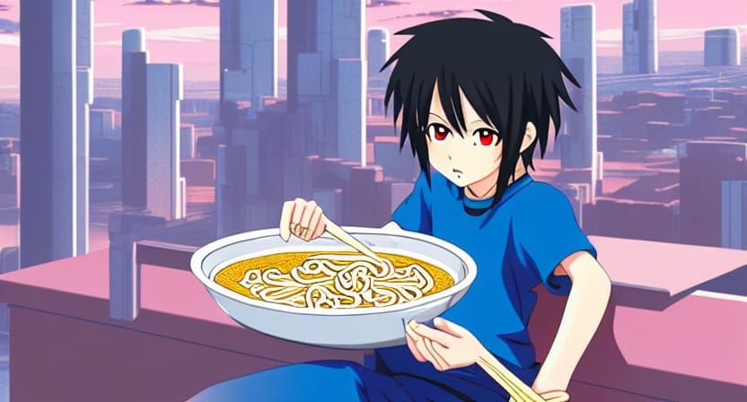 Teenager Eating Ramen in Futuristic Anime City