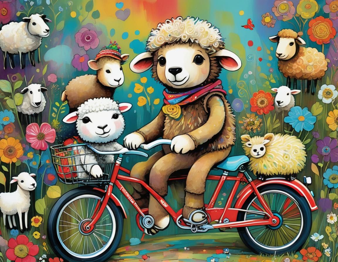Teddy Bear and Sheep on Bike: Art Brut Illustration