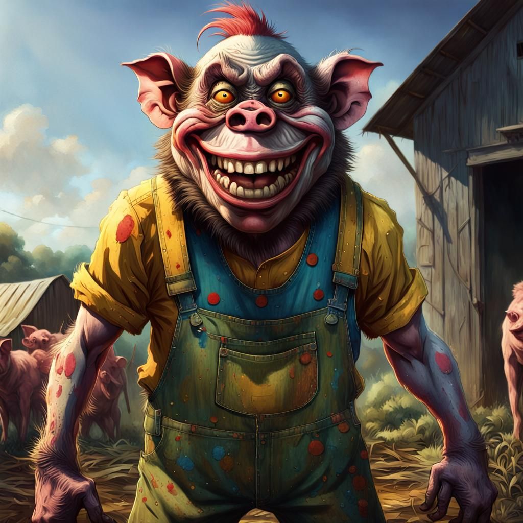 Grinning Monkey-Pig Farmer in Hyperrealistic Style