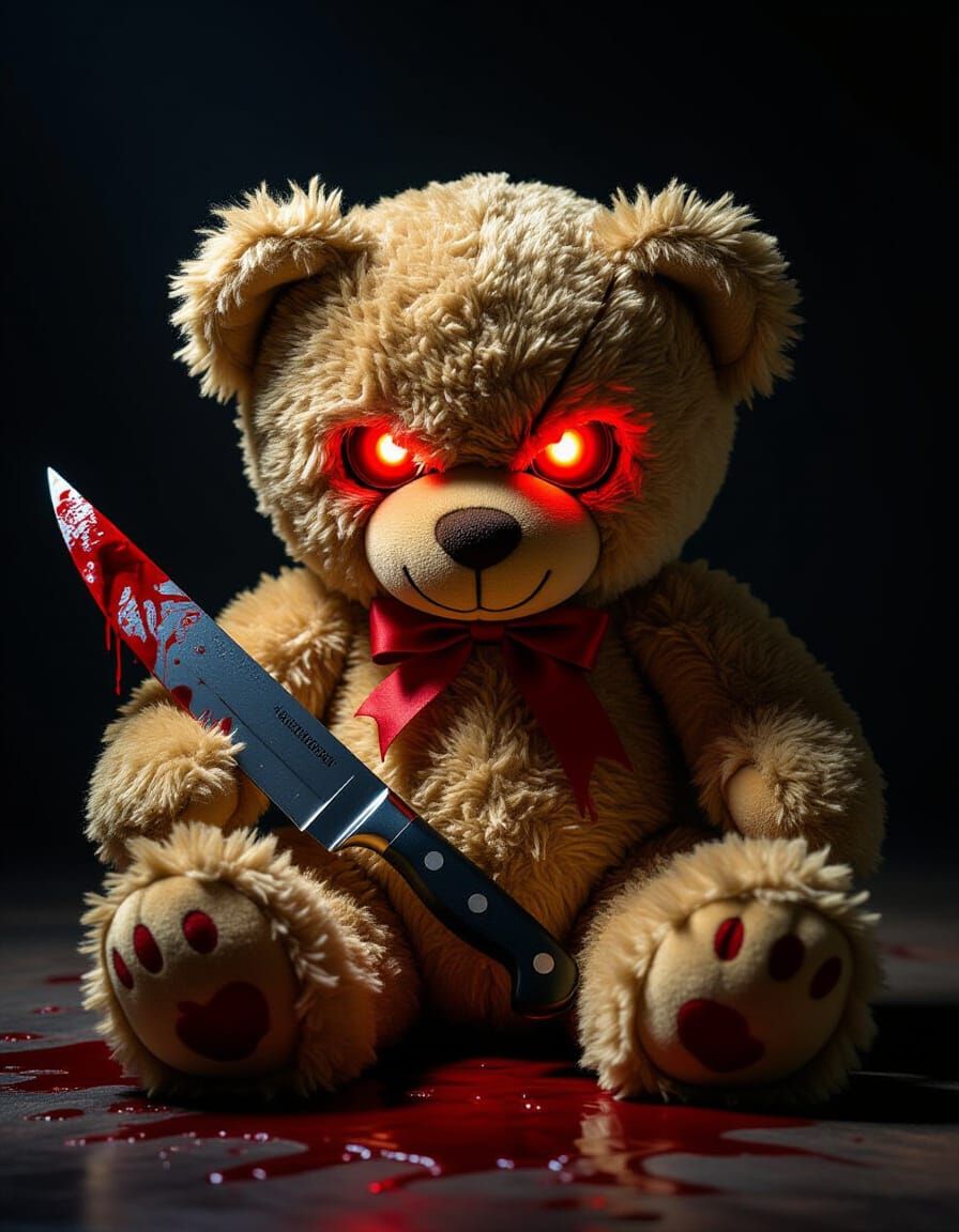 Photorealistic Evil Teddy Bear with Bloody Knife