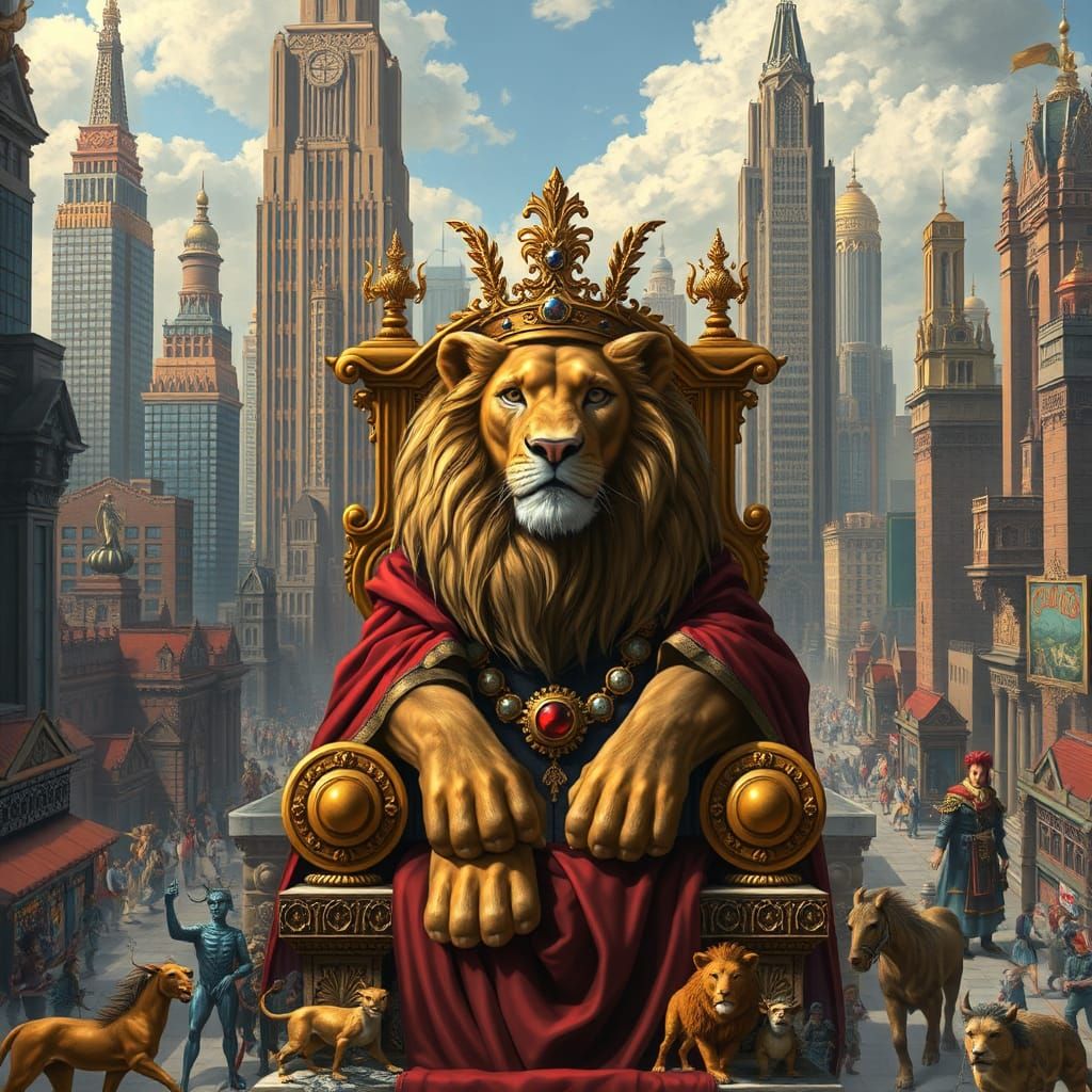Lion King in Metropolis: Baroque Cyberpunk Style