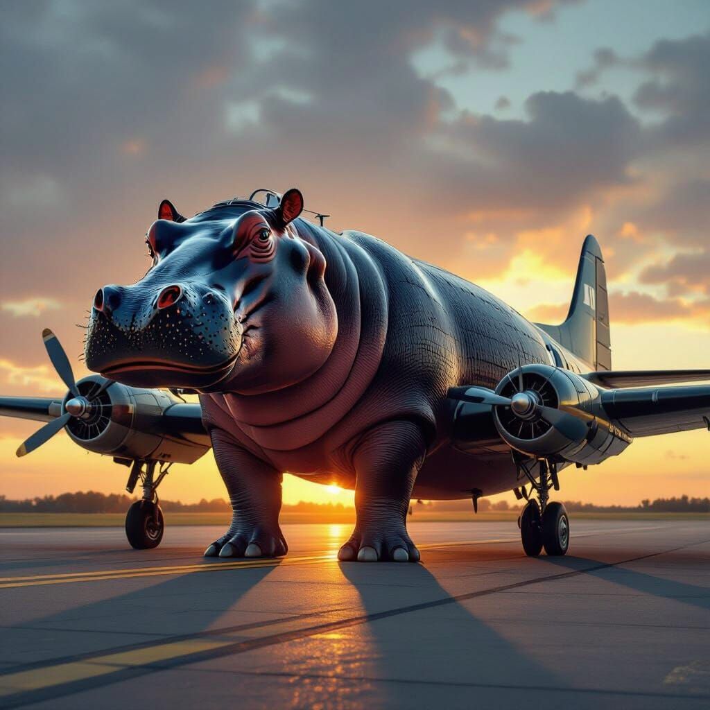 Surreal Hippo Bomber Plane with Human Legs