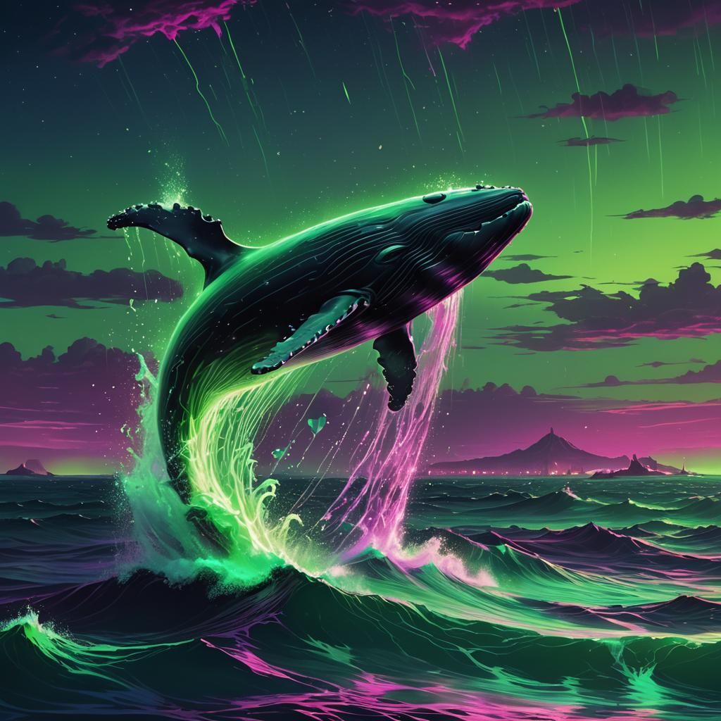 Neon Whale Leaps from Bioluminescent Sea