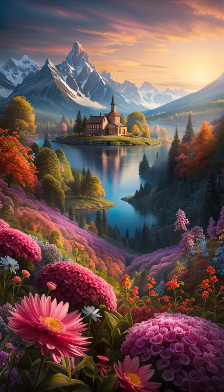 Gorgeous Flower Landscape in Hyperrealist Style