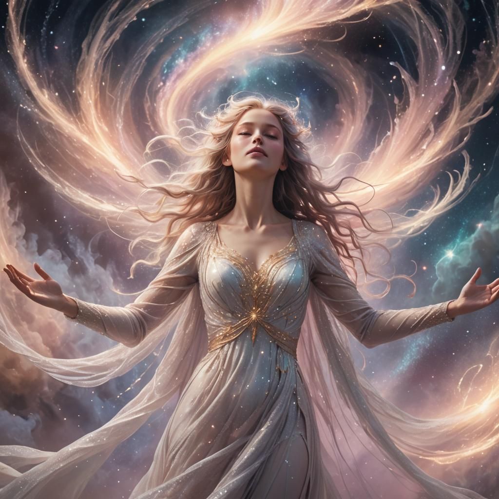 Celestial Being in Stardust Vortex: Dreamlike Oil Painting