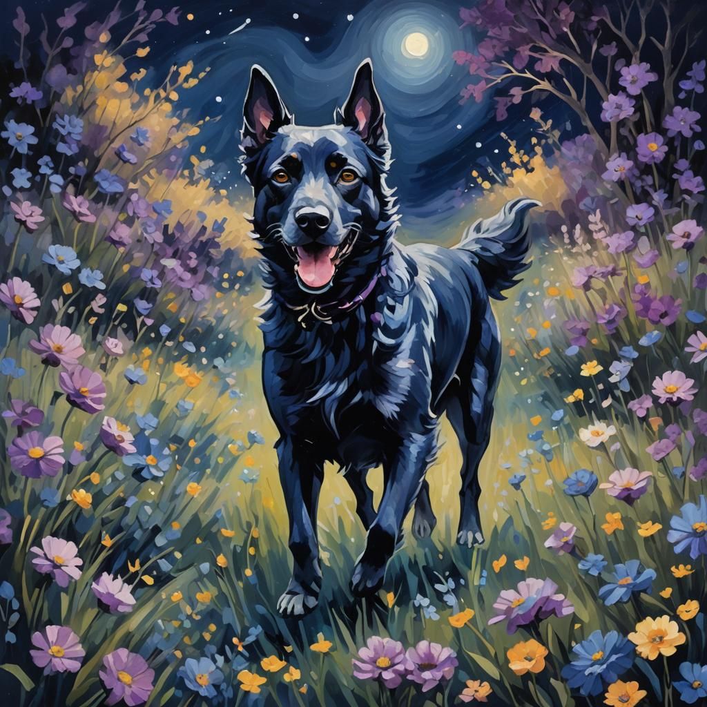 Blue Dog Runs in Moonlit Flower Field: Impressionist Style