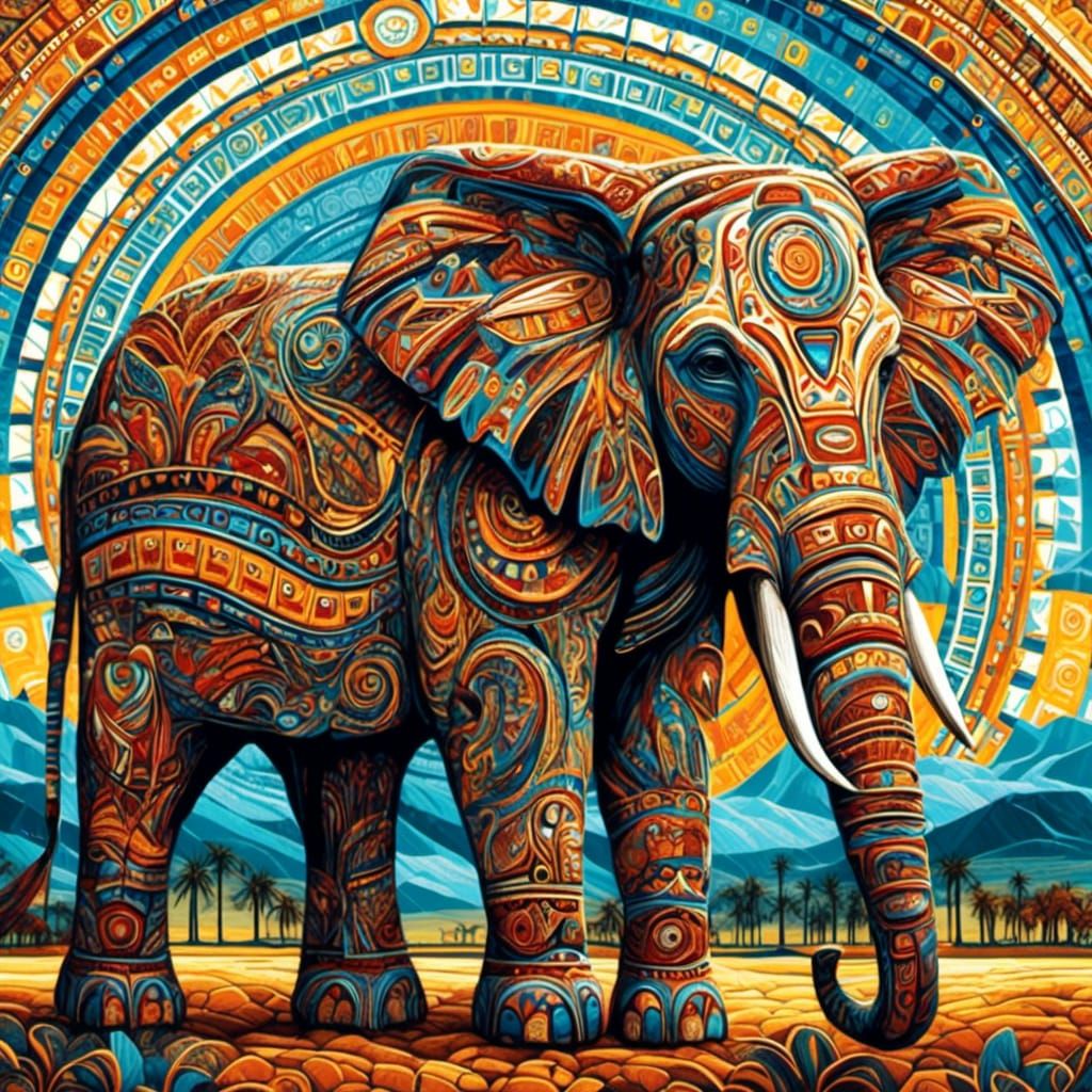 Mosaic Elephant on Savannah in Northwest Coast Style