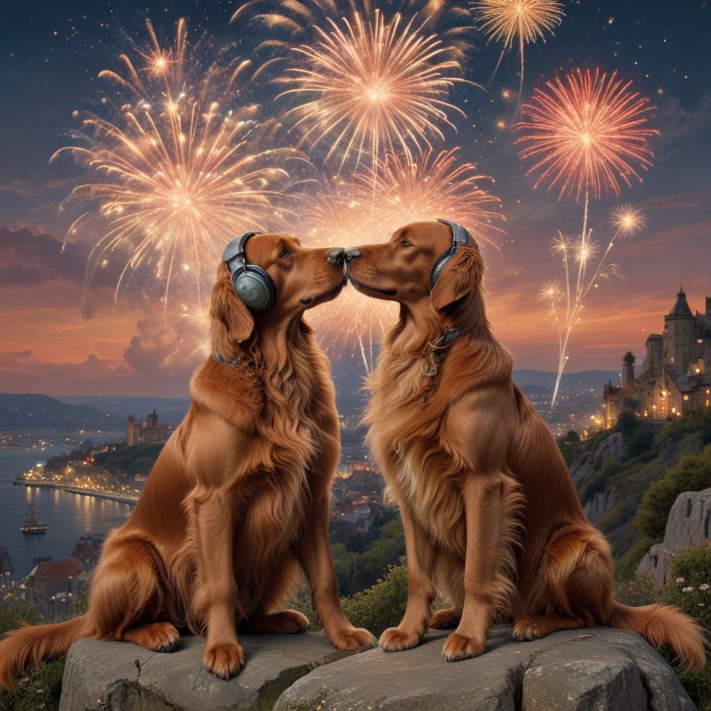 Ginger Irish Setter Couple Gaze Lovingly at Fireworks